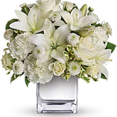 This exquisite all-white bouquet in a dazzling mirrored silver cube may be petite, but it will make a huge impression.
So much beauty for such a merrily modest price tag.
The lovely bouquet includes white roses, white spray roses, white Asiatic lilies, white carnations and white button spray chrysanthemums accented with assorted greenery.